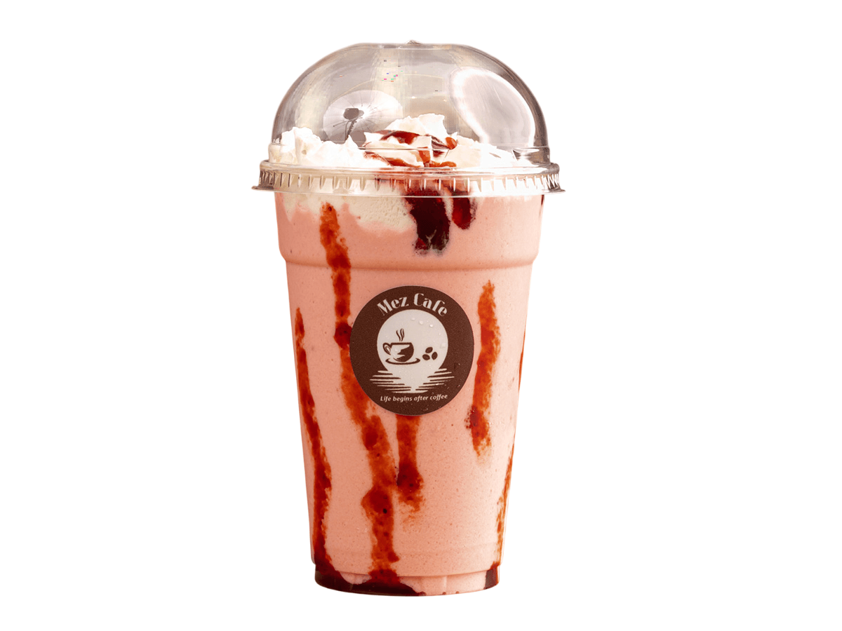 A strawberry milkshake in a Mez cup