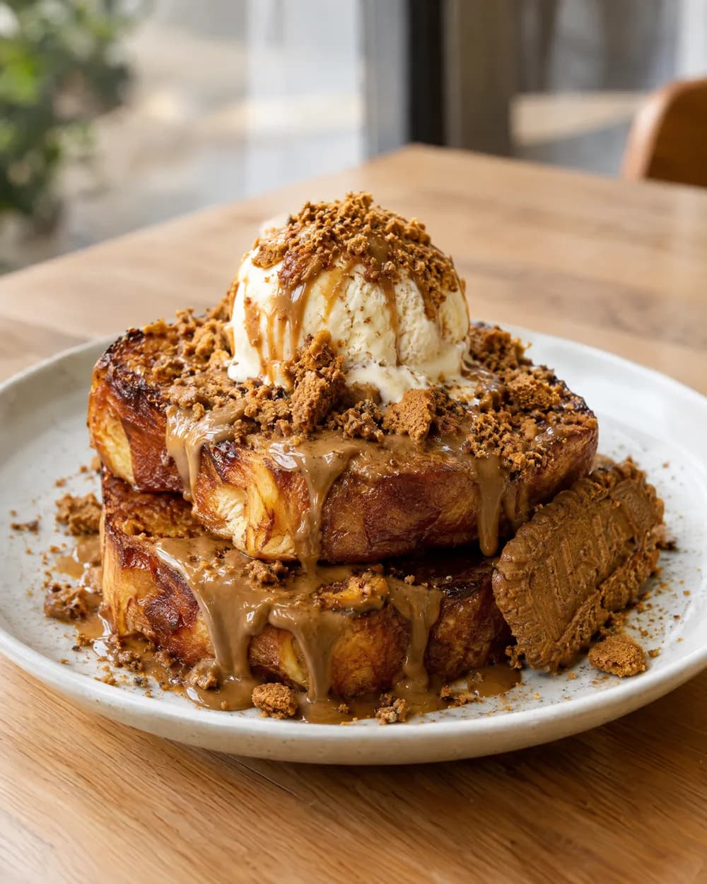 Lotus French toast with Biscoff drizzle and vanilla ice cream