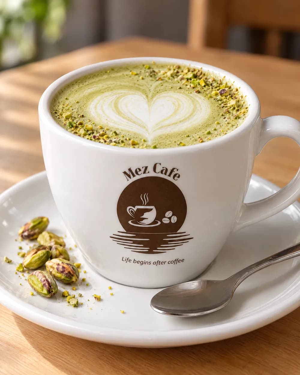 A pistachio latte in a Mez cup